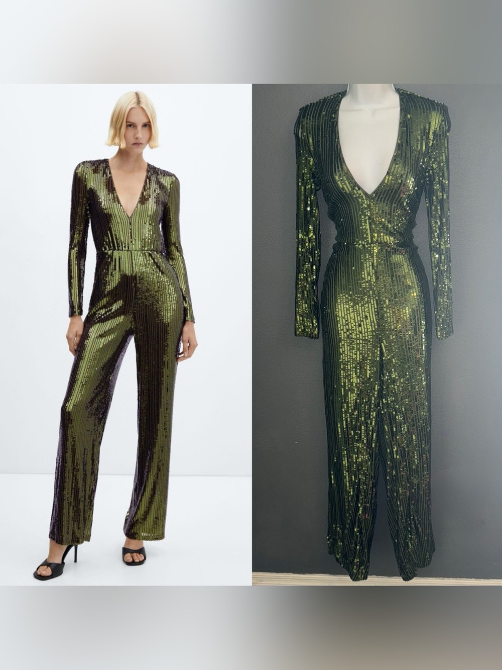 Mango MNG Green Sequin Long Sleeve V-Neck Jumpsuit Romper Womens Small